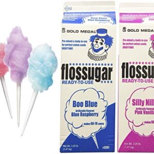 Concession Essentials 2 Pack Cotton Candy Floss Sugar. Pink Vanilla and Blue Raspberry. (Two 3.25 lb Containers w/100 Cotton Candy Cones)