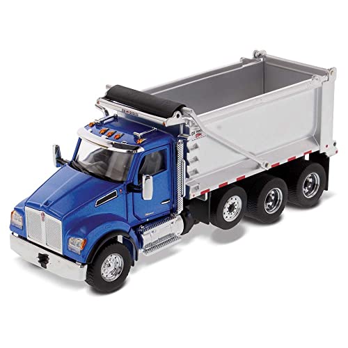 Diecast Masters KenworthT880S SFFA Dump Truck - Metallic Blue | Tandem with Pusher Axle & Interior Ox Bodies Stampede Dump Cab | 1:50 Scale Model Semi Trucks | Diecast Model 71078