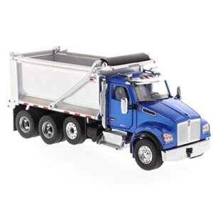 Diecast Masters KenworthT880S SFFA Dump Truck - Metallic Blue | Tandem with Pusher Axle & Interior Ox Bodies Stampede Dump Cab | 1:50 Scale Model Semi Trucks | Diecast Model 71078