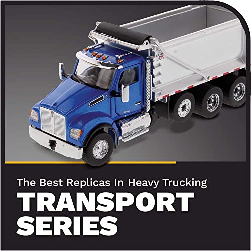 Diecast Masters KenworthT880S SFFA Dump Truck - Metallic Blue | Tandem with Pusher Axle & Interior Ox Bodies Stampede Dump Cab | 1:50 Scale Model Semi Trucks | Diecast Model 71078