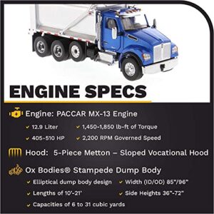 Diecast Masters KenworthT880S SFFA Dump Truck - Metallic Blue | Tandem with Pusher Axle & Interior Ox Bodies Stampede Dump Cab | 1:50 Scale Model Semi Trucks | Diecast Model 71078