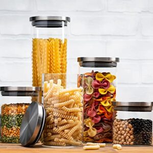 Set of 5 Glass Kitchen Canisters with Airtight Stainless-Steel Lid - Dishwasher Safe, Storage Jars for Kitchen, Bathroom & Pantry Organization, Ideal for Flour, Sugar, Coffee, Cookie Jar, Candy, Snack