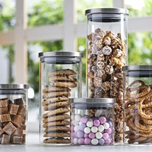 Set of 5 Glass Kitchen Canisters with Airtight Stainless-Steel Lid - Dishwasher Safe, Storage Jars for Kitchen, Bathroom & Pantry Organization, Ideal for Flour, Sugar, Coffee, Cookie Jar, Candy, Snack