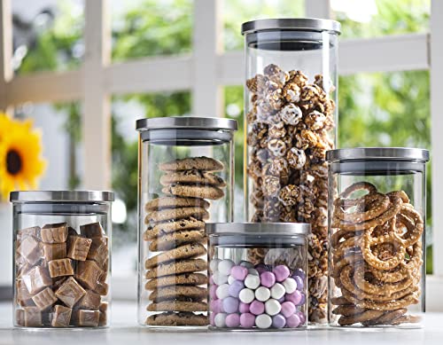 Set of 5 Glass Kitchen Canisters with Airtight Stainless-Steel Lid - Dishwasher Safe, Storage Jars for Kitchen, Bathroom & Pantry Organization, Ideal for Flour, Sugar, Coffee, Cookie Jar, Candy, Snack