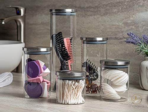 Set of 5 Glass Kitchen Canisters with Airtight Stainless-Steel Lid - Dishwasher Safe, Storage Jars for Kitchen, Bathroom & Pantry Organization, Ideal for Flour, Sugar, Coffee, Cookie Jar, Candy, Snack