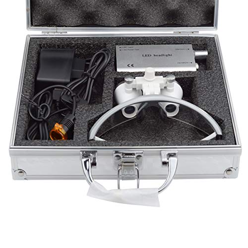 2.5X Binocular Loupes 420mm Optical Glasses +3W LED Headlight Lamp with Filter + Aluminum Box Silver