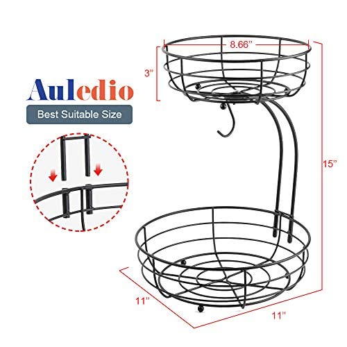 Auledio Iron 2-Tier Countertop Fruit Vegetables Basket Bowl Storage With Banana Hanger, Black, 64 ounces