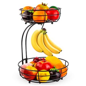 auledio iron 2-tier countertop fruit vegetables basket bowl storage with banana hanger, black, 64 ounces