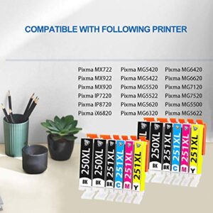 Wolfgray 12 Packs Compatible Ink Cartridge PGI-250XL CLI-251XL 250xl 251xl (4Large BK+2BK+2C+2M+2Y) Works for PIXMA MX922 MG5522 MG5620 MG6620 MG6600 MX920 iX6820 iP7220 Printer