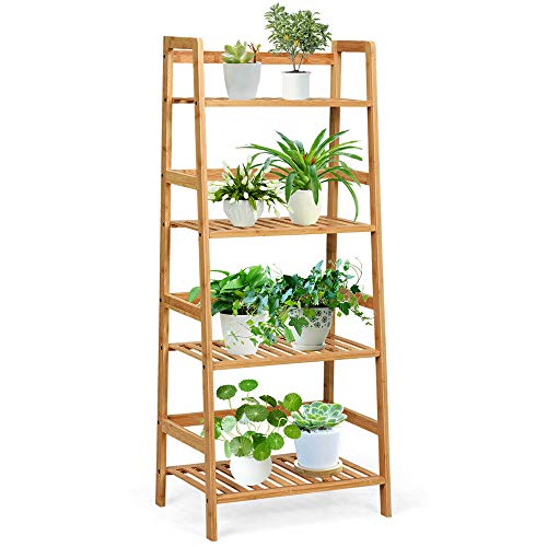 DORTALA 4-Tier Ladder Shelf, Rustic Bookcase w/Solid Bamboo Structure, Free Standing Storage Bookshelf for Living Room, Kitchen, Office, Multipurpose Plant Flower Stand, Natural