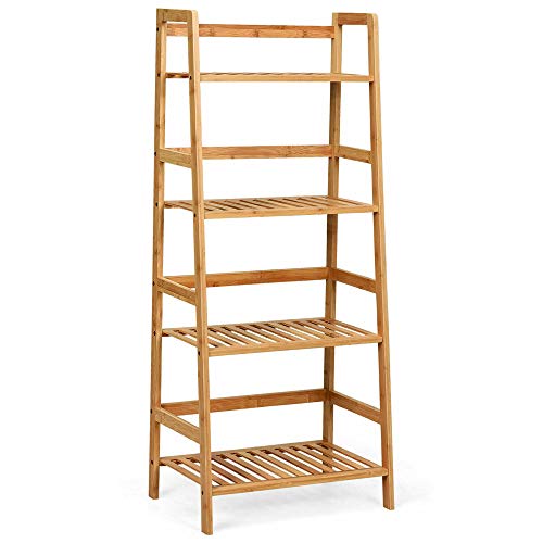 DORTALA 4-Tier Ladder Shelf, Rustic Bookcase w/Solid Bamboo Structure, Free Standing Storage Bookshelf for Living Room, Kitchen, Office, Multipurpose Plant Flower Stand, Natural