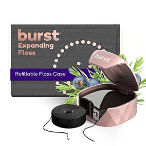 BURST Refillable Dental Floss Dispenser Set - Juniper Berry Scent - Charcoal Coated, Expanding Floss - Stain-Absorbing, Woven Tooth Floss - Rose Gold Case + 32 Yards Charcoal Floss