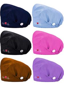 6 pieces bouffant cap with buttons adjustable elastic head wrap covers with sweatband for women men, one size (fresh colors)
