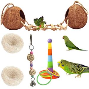 kathson bird hides coconut nest with ladder perches hanging parrot house cage natural coconut fiber parakeet chewing toys intelligence training rings for small budgies cockatiels 5pcs