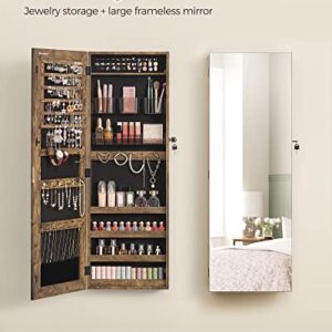 SONGMICS Jewelry Cabinet Armoire, Lockable Wall-Mounted Storage Organizer Unit with 2 Plastic Cosmetic Trays, Full-Length Frameless Mirror, Textured Brown UJJC001X01