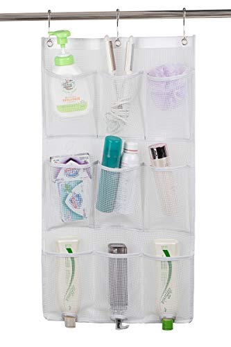 ALYER 9 Pockets Big Mesh Shower Caddy Hanging Bathroom Storage Organizer with 3 Rings (White)