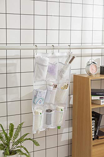 ALYER 9 Pockets Big Mesh Shower Caddy Hanging Bathroom Storage Organizer with 3 Rings (White)