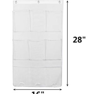 ALYER 9 Pockets Big Mesh Shower Caddy Hanging Bathroom Storage Organizer with 3 Rings (White)