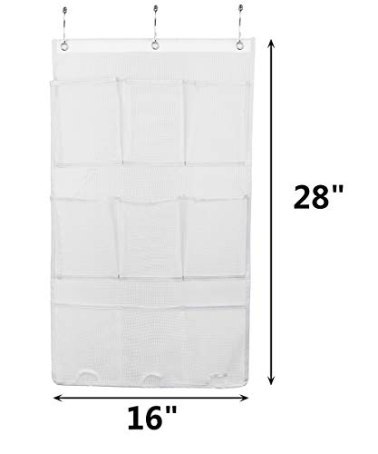 ALYER 9 Pockets Big Mesh Shower Caddy Hanging Bathroom Storage Organizer with 3 Rings (White)