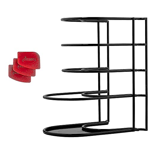 Heavy Duty Pan Organizer, 5 Tier Rack + Pan Scraper Tool - Holds up to 50 LB - Holds Cast Iron Skillets, Griddles and Shallow Pots - Durable Steel Construction - Kitchen Storage - No Assembly