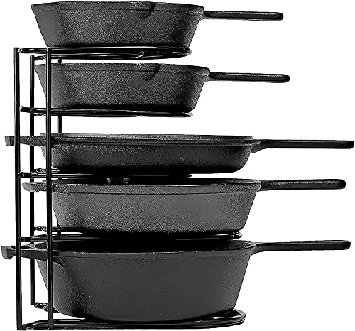 Heavy Duty Pan Organizer, 5 Tier Rack + Pan Scraper Tool - Holds up to 50 LB - Holds Cast Iron Skillets, Griddles and Shallow Pots - Durable Steel Construction - Kitchen Storage - No Assembly