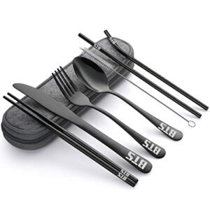 kpop bts bangtan boys travel camping cutlery set - portable lunch utensils set with case and straw, straight straw, knife, fork, spoon, chopsticks, cleaning brush 8 piece (black)