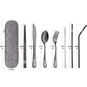 Kpop BTS Bangtan Boys Travel Camping Cutlery Set - Portable Lunch Utensils Set with Case and Straw, Straight Straw, Knife, Fork, Spoon, Chopsticks, Cleaning Brush 8 Piece (Black)