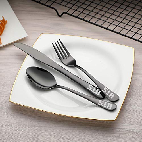 Kpop BTS Bangtan Boys Travel Camping Cutlery Set - Portable Lunch Utensils Set with Case and Straw, Straight Straw, Knife, Fork, Spoon, Chopsticks, Cleaning Brush 8 Piece (Black)