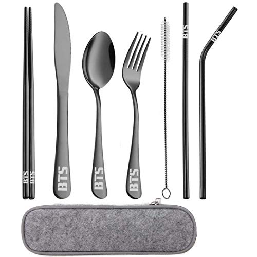 Kpop BTS Bangtan Boys Travel Camping Cutlery Set - Portable Lunch Utensils Set with Case and Straw, Straight Straw, Knife, Fork, Spoon, Chopsticks, Cleaning Brush 8 Piece (Black)