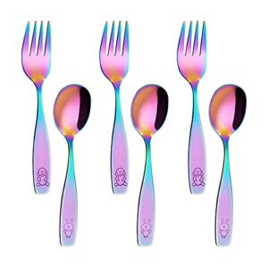 annova kids silverware children's safe flatware set stainless steel - children forks, children tablespoons, toddler utensils, metal cutlery set for lunchbox (engraved dog bunny) (uv rainbow, 6 pieces)