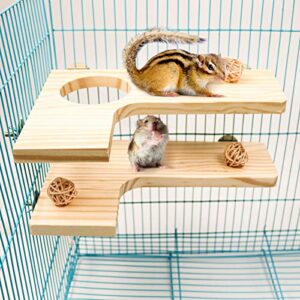 2 Pieces Hamster Wooden Platform Set, L-Shaped Pedal Wooden Platform & L-Shaped Round Hole Wooden Platform with 8 Piece Sepak Takraw Chew Toys, Gerbil Chinchilla Guinea Pigs Parrot Stand Perch (H01)