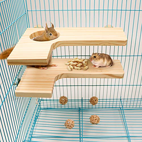 2 Pieces Hamster Wooden Platform Set, L-Shaped Pedal Wooden Platform & L-Shaped Round Hole Wooden Platform with 8 Piece Sepak Takraw Chew Toys, Gerbil Chinchilla Guinea Pigs Parrot Stand Perch (H01)