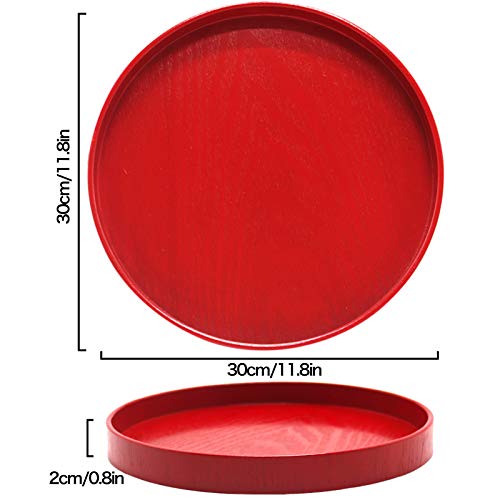 Round Solid Wood Serving Tray, Non-Slip Tea Coffee Snack Plate Food Meals Serving Tray with Raised Edges for Home Kitchen Restaurant(11.8inch,Red )