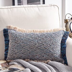 phantoscope decorative boho throw pillow with pillow insert included, hand woven textured pillow cover with fringe trim, modern farmhouse square cushion pillow, dark blue 12 x 20 inches