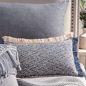 Phantoscope Decorative Boho Throw Pillow with Pillow Insert Included, Hand Woven Textured Pillow Cover with Fringe Trim, Modern Farmhouse Square Cushion Pillow, Dark Blue 12 x 20 Inches