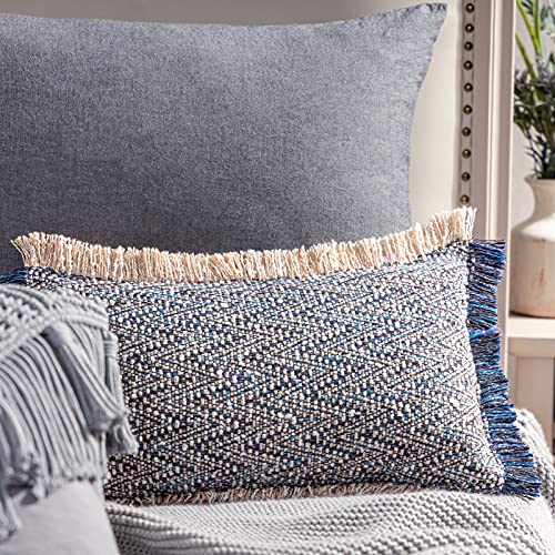 Phantoscope Decorative Boho Throw Pillow with Pillow Insert Included, Hand Woven Textured Pillow Cover with Fringe Trim, Modern Farmhouse Square Cushion Pillow, Dark Blue 12 x 20 Inches