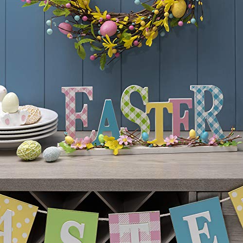 Glitzhome Easter Wood Word Sign for Home Decor Decorative Wooden Cutout Word Decor Freestanding Easter Tabletop Decor 16”X 5.8”Easter Block Letters Sign