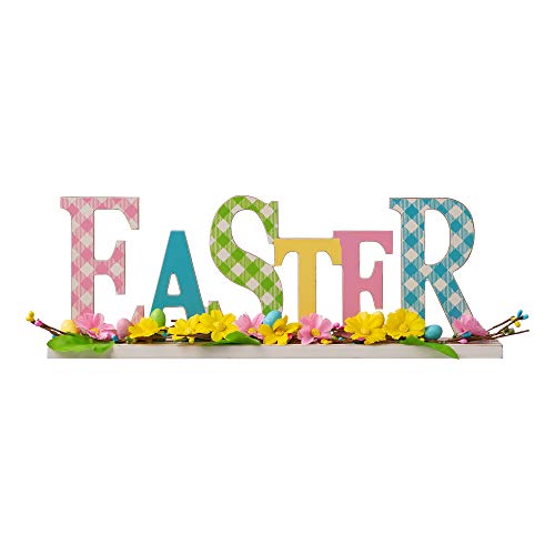 Glitzhome Easter Wood Word Sign for Home Decor Decorative Wooden Cutout Word Decor Freestanding Easter Tabletop Decor 16”X 5.8”Easter Block Letters Sign