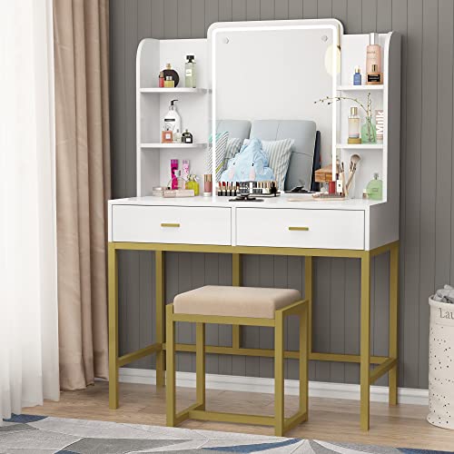 AOUSTHOP Vanity Set with Lighted Mirror, Makeup Vanity Dressing Table with LED Lights, Storage Shelves, Cushioned Stool & 2 Drawers, Dresser Desk for Bedroom, Gold-White