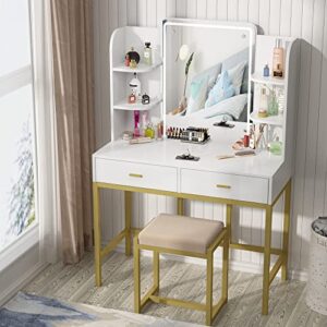 AOUSTHOP Vanity Set with Lighted Mirror, Makeup Vanity Dressing Table with LED Lights, Storage Shelves, Cushioned Stool & 2 Drawers, Dresser Desk for Bedroom, Gold-White