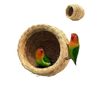 liang straw bird nest, grass handwoven bird house for parakeet cockatiel canary lovebird and small parrot, hand-woven grass hatching bird hut for cold weather, natural breeding place for birds