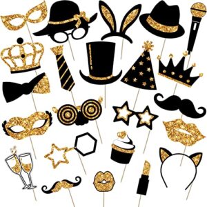 24 pieces party photo booth props for birthday weddings graduation prom new year party supplies mix of hats, lipstick, tie, crowns (golden)