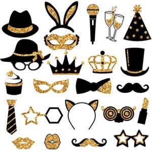 24 Pieces Party Photo Booth Props for Birthday Weddings Graduation Prom New Year Party Supplies Mix of Hats, Lipstick, Tie, Crowns (Golden)
