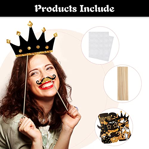 24 Pieces Party Photo Booth Props for Birthday Weddings Graduation Prom New Year Party Supplies Mix of Hats, Lipstick, Tie, Crowns (Golden)