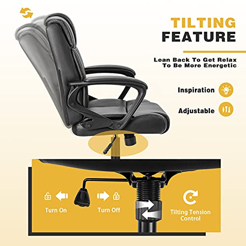 Furmax Mid Back Office Chair Computer Chair PU Leather Executive Desk Chair Swivel Chair with Padded Arms Back Support Weight Bearing