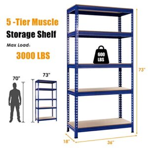 Tangkula 5-Tier Steel Storage Shelves, 73” Heavy Duty Garage Shelf with Adjustable Shelves, Boltless Shelving Unit for Free Combination, Metal Muscle Rack for Home Office Garage (1, Blue)