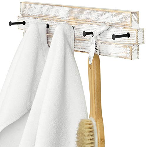 MyGift 15 Inch Whitewashed Wood Towel Hanger Wall Rack with 5 Peg Hooks, Bathroom Robe and Hand Towel Hooks