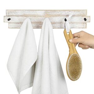 MyGift 15 Inch Whitewashed Wood Towel Hanger Wall Rack with 5 Peg Hooks, Bathroom Robe and Hand Towel Hooks