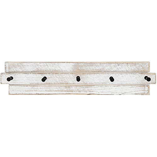 MyGift 15 Inch Whitewashed Wood Towel Hanger Wall Rack with 5 Peg Hooks, Bathroom Robe and Hand Towel Hooks