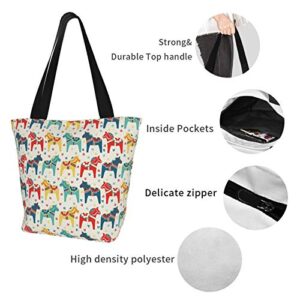 antcreptson Swedish Dala Horses Extra Large Canvas Shoulder Tote Top Storage Handle Bag for Gym Beach Weekender Travel Reusable Grocery Shopping,Black White